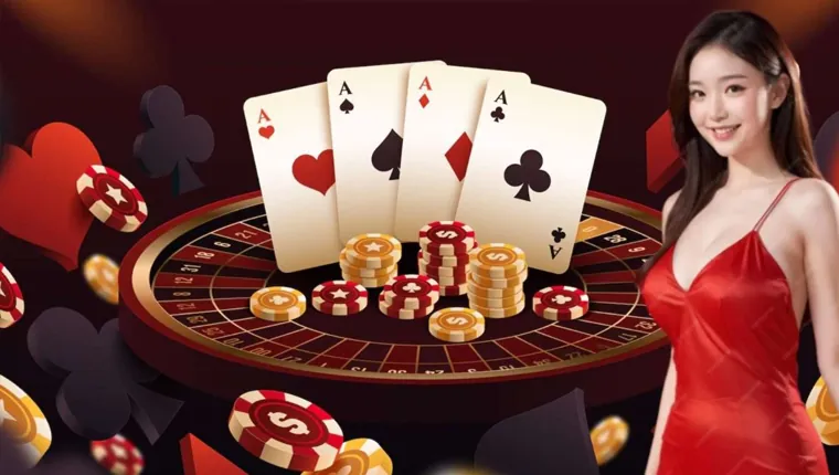Poker chips and cards on a table at OKJL poker room